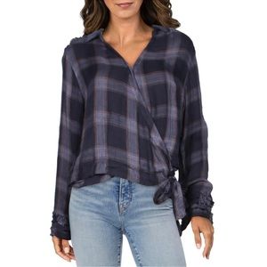 Vintage Havana Navy Frayed Plaid Blouse Wrap Top Shirt EUC